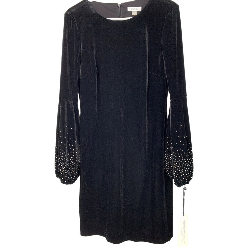 Calvin Klein Black Velvet Dress With Embellished Pouf Sleeves Holiday Size 8 NWT